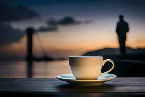 café taza en el mesa con un silueta de un hombre. generado por ai foto