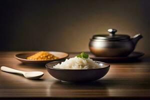 rice in a bowl and a teapot on a wooden table. AI-Generated photo