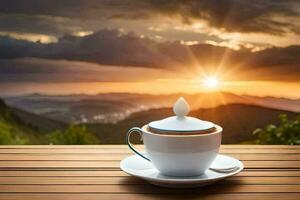 coffee cup on the table with the sun setting over the mountains. AI-Generated photo