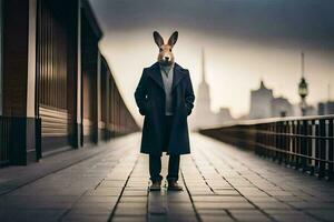 a rabbit wearing a coat and tie standing on a bridge. AI-Generated photo