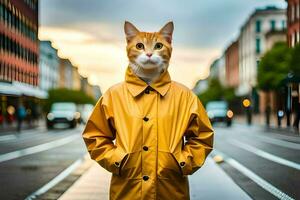 a cat wearing a yellow raincoat on the street. AI-Generated photo