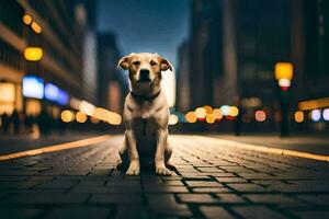 un perro sentado en el calle a noche. generado por ai foto