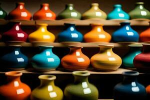 colorful vases are lined up on a shelf. AI-Generated photo