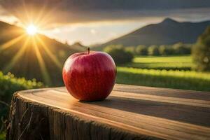 un manzana se sienta en un tocón en frente de un campo. generado por ai foto