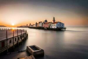 a long exposure photograph of a pier and buildings at sunset. AI-Generated photo