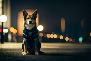 a dog sitting on the street at night. AI-Generated photo