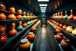 a row of colorful vases on shelves in a room. AI-Generated photo