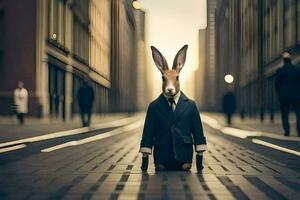 un Conejo vestido en un traje y Corbata es en pie en el medio de un ciudad calle. generado por ai foto