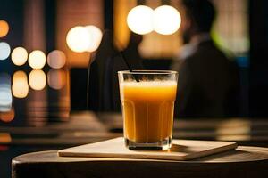 un vaso de naranja jugo en un de madera mesa. generado por ai foto