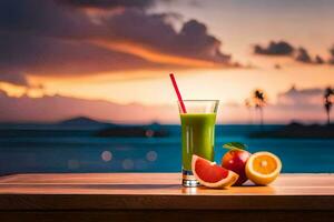 a glass of green juice with fruit on a table in front of the sunset. AI-Generated photo