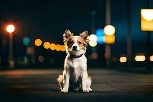 a dog sitting on the street at night. AI-Generated photo