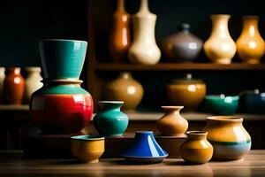 a collection of colorful vases on a wooden table. AI-Generated photo