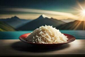 rice in a bowl on a table with mountains in the background. AI-Generated photo