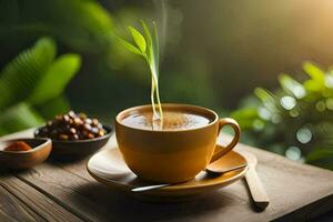 a cup of coffee with a green plant on the table. AI-Generated photo
