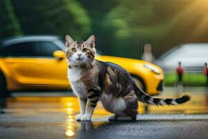 un gato es en pie en el mojado la carretera siguiente a un amarillo coche. generado por ai foto