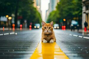 un gato sentado en el la carretera en el lluvia. generado por ai foto
