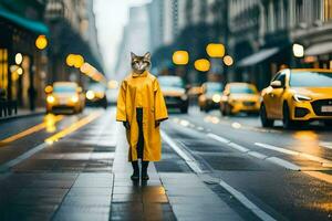 a fox in a yellow raincoat standing on a city street. AI-Generated photo