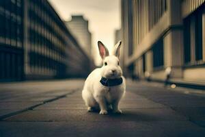 a white rabbit is sitting on the ground in a city. AI-Generated photo