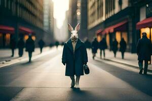 a rabbit wearing a coat and hat walks down a city street. AI-Generated photo