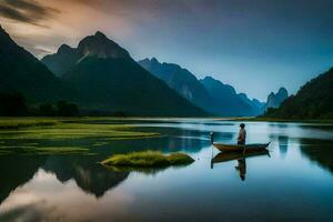 a man in a boat on a lake surrounded by mountains. AI-Generated photo