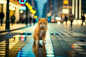 un gato es en pie en un ciudad calle a noche. generado por ai foto