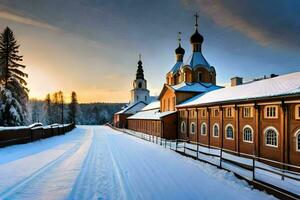 a snowy road leads to a church in the middle of a town. AI-Generated photo