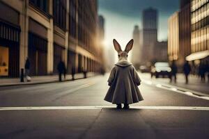 a rabbit in a coat stands in the middle of a city street. AI-Generated photo