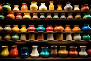 a shelf full of colorful vases. AI-Generated photo