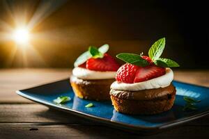 two small cupcakes with strawberries on top. AI-Generated photo