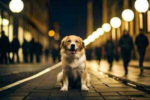 a dog sitting on the sidewalk at night. AI-Generated photo