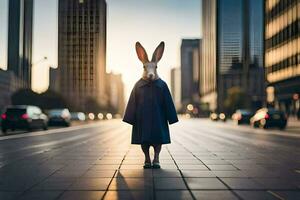 a rabbit wearing a coat and standing in the middle of a city street. AI-Generated photo