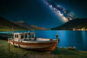 a boat sits on the shore of a lake under the night sky. AI-Generated photo