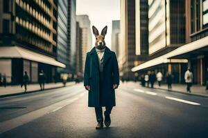 a rabbit wearing a coat and tie standing in the middle of a city street. AI-Generated photo