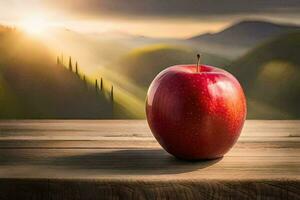 an apple sits on a wooden table in front of a mountain. AI-Generated photo