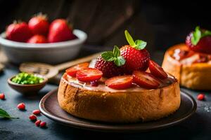 strawberry cheesecake on a dark background. AI-Generated photo