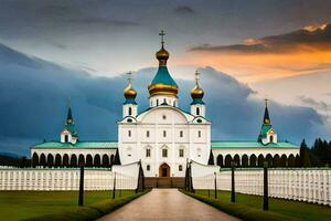 the white and blue domes of a church are in the foreground. AI-Generated photo