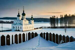 un Iglesia en el nieve con un cerca alrededor él. generado por ai foto