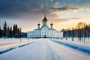 a white church with gold domes in the snow. AI-Generated photo