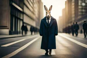 a rabbit wearing a suit and tie on the street. AI-Generated photo