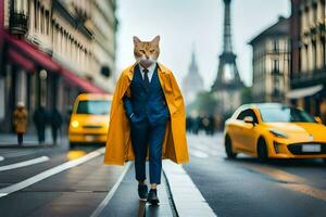 a cat wearing a yellow coat and suit walking down the street. AI-Generated photo