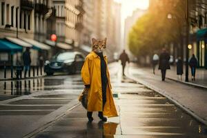 a cat in a yellow raincoat walking down a city street. AI-Generated photo