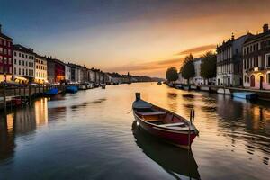 a boat is docked on a canal at sunset. AI-Generated photo