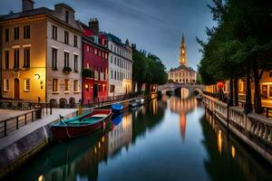 a canal in the city at night with boats. AI-Generated photo
