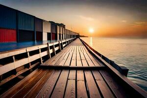 a wooden dock with a sunset behind it. AI-Generated photo