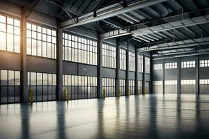 an empty industrial warehouse with large windows. AI-Generated photo