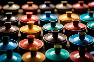 many colorful pots and lids are arranged in a row. AI-Generated photo