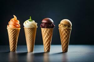 five ice cream cones in a row with different flavors. AI-Generated photo