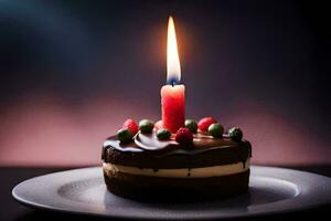 a chocolate cake with a single candle on top. AI-Generated photo