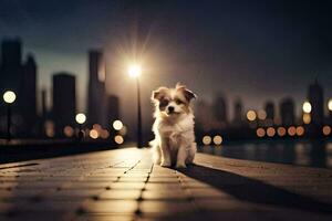 un pequeño perro sentado en un muelle a noche. generado por ai foto