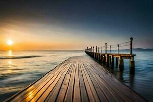 un largo de madera muelle estiramientos fuera dentro el Oceano a puesta de sol. generado por ai foto